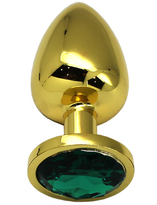 Анальная пробка алюминиевая, большая, золотая, кристалл изумрудный, 40x95 мм