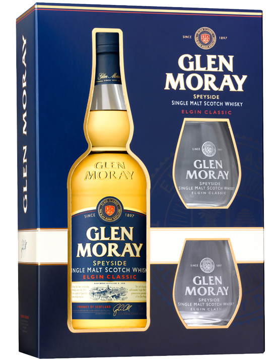 Glen Moray Single Malt Elgin Classic in gift box with 2 glasses